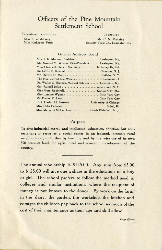 Officers of the Pine Mountain Settlement School [1918]. Purpose [Mission Statement].