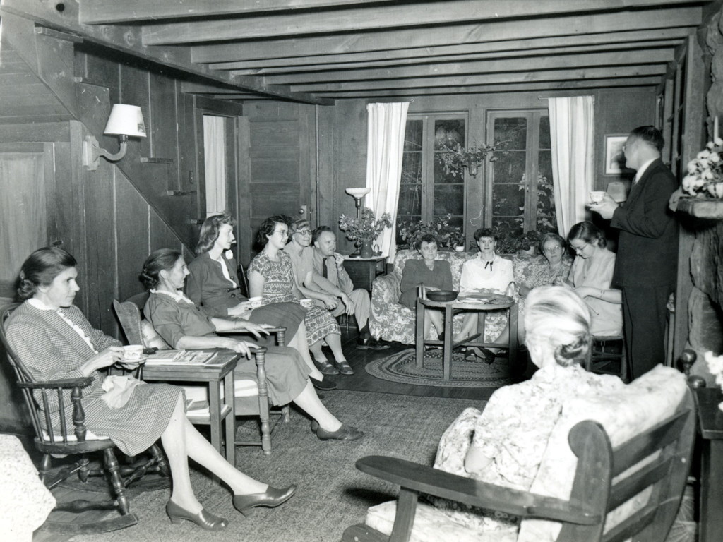 Margaret Motter (5th from left) at staff meeting in Director Benjamin's house (Zande House). (left to right) Gladys Hill, Fern Hayes, Ruth Smith, Margaret Motter, Mr. Benjamin, Mrs. Benjamin. 