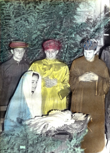 Nativity Play. Hand-tinted manger scene from the Nativity Play of 1946. Beth LaRue, Roy Banks, Harold Cox, Arch Lewis. nace_1_023a