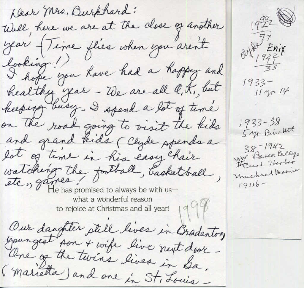 CLYDE EDWARD ENIX Correspondence ; Holiday card to Esther Burkhard from Gene & Clyde Enix, 1999, inside.