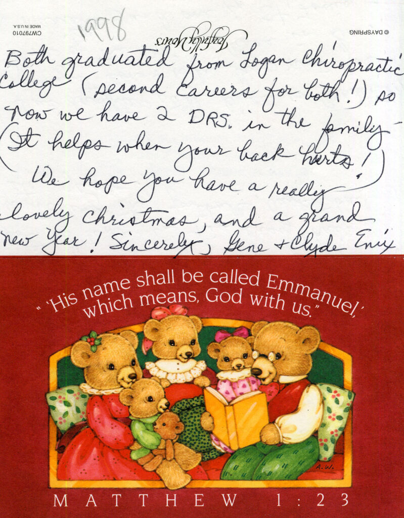 CLYDE EDWARD ENIX Student ; Holiday card to Esther Burkhard from Gene & Clyde Enix, 1998.