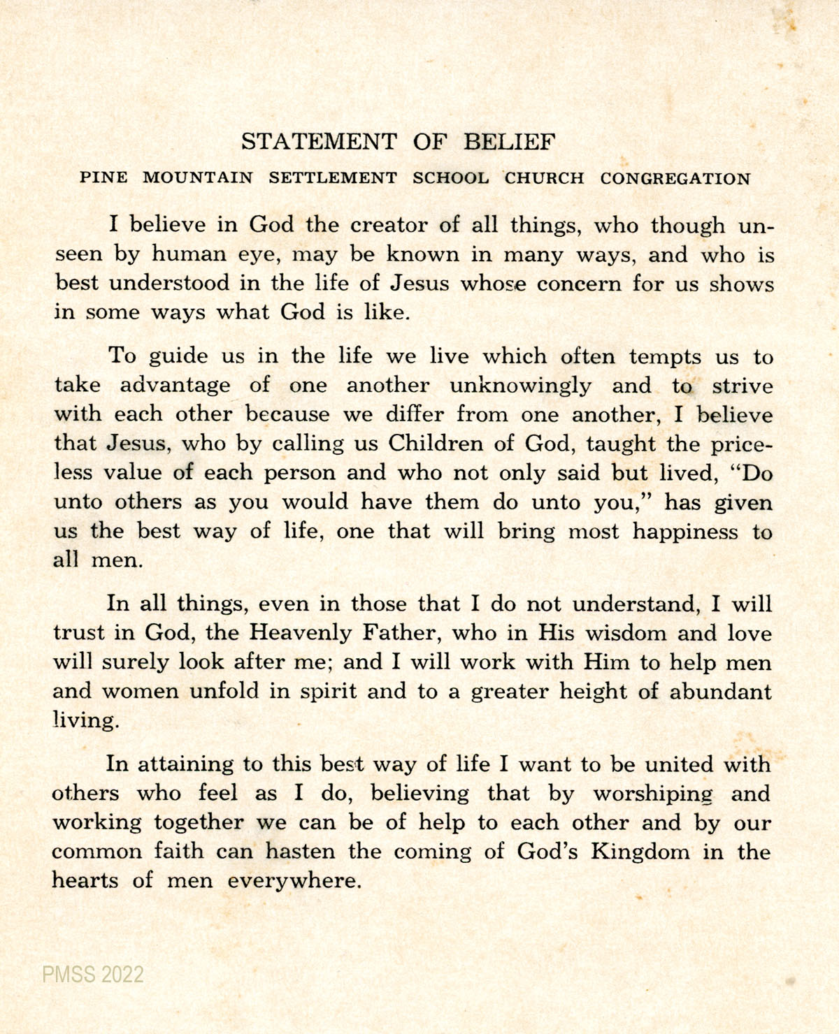 RELIGION Statements of Belief at Pine Mountain Settlement School PINE